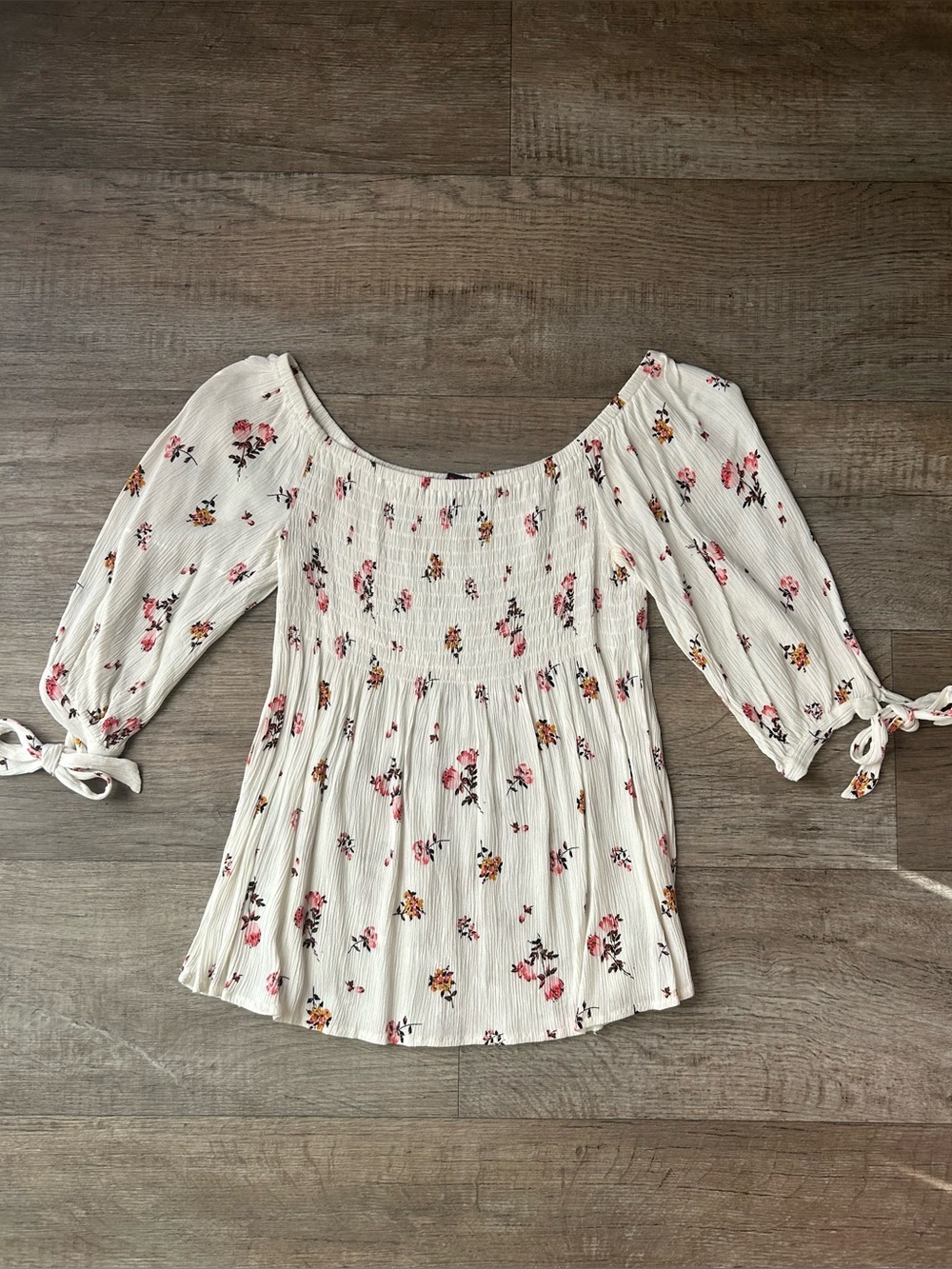 Floral Smocked Peasant Blouse - White/Pink